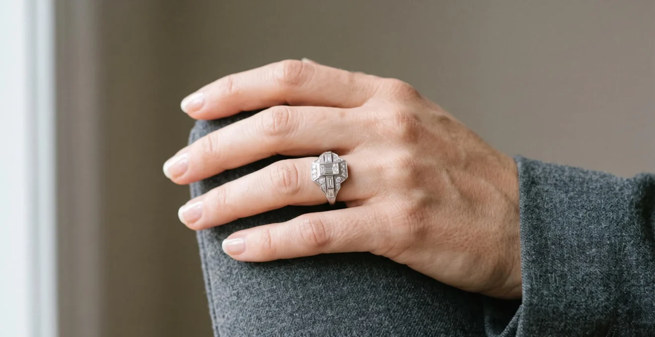 A woman's hand wearing a geometric Art Deco platinum and diamond ring against a plain dark sleeve, lit by soft window light.