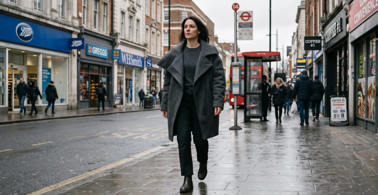 A woman walking down a British city street wearing one sculptural asymmetric coat over a plain neutral outfit.