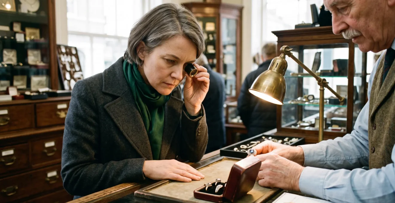 A woman examines an antique ring through a jeweller's loupe at a shop counter while a specialist angles a lamp onto the piece.