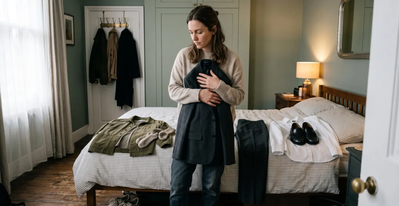 A woman holds a tailored blazer against her torso while choosing between two outfits laid out on a bed in a softly lit flat.