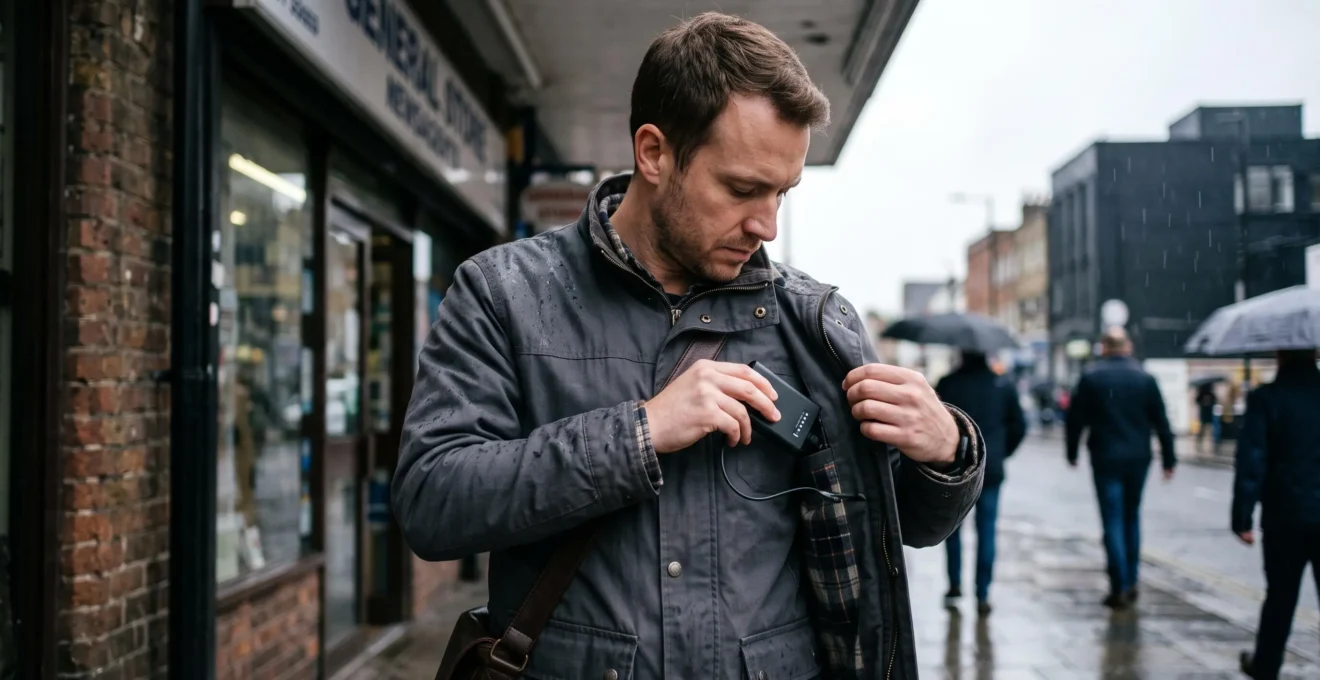 A commuter detaches a battery module from a smart heated jacket while sheltering from light rain in a city street.