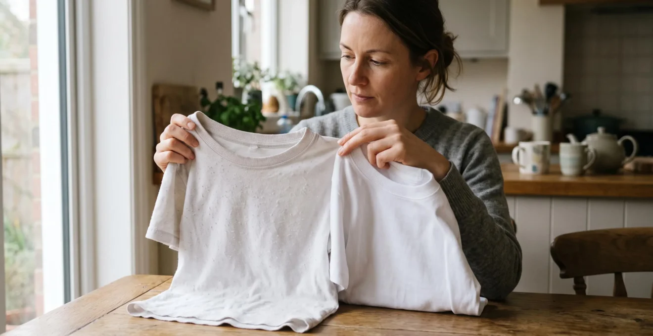 A woman at home compares a worn white t-shirt with a new one, checking the collar and fabric texture in natural light.