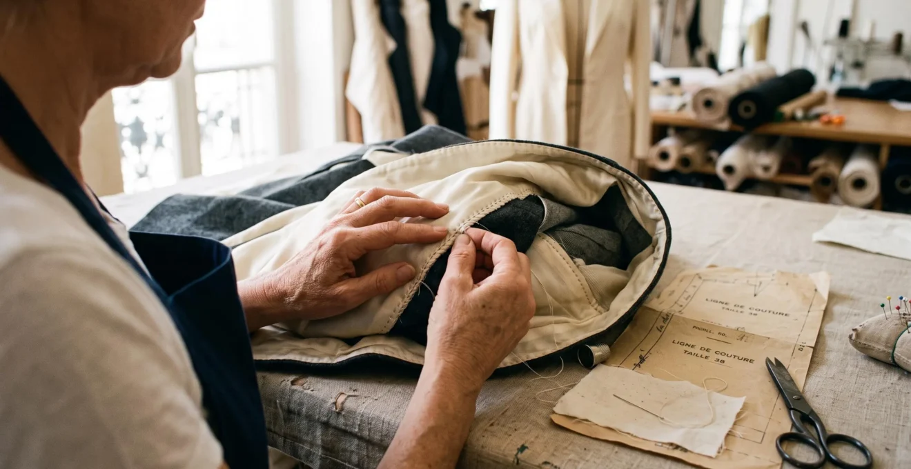 A seamstress turning a couture garment inside out to inspect its hand-sewn lining and inner finishes at an atelier worktable.