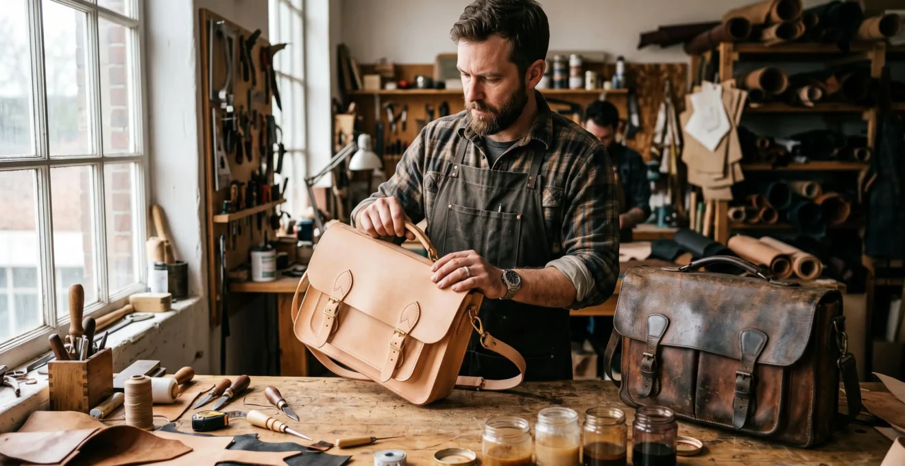 A leather craftsman inspecting a vegetable-tanned leather satchel beside an aged bag with a developed patina in a naturally lit workshop.