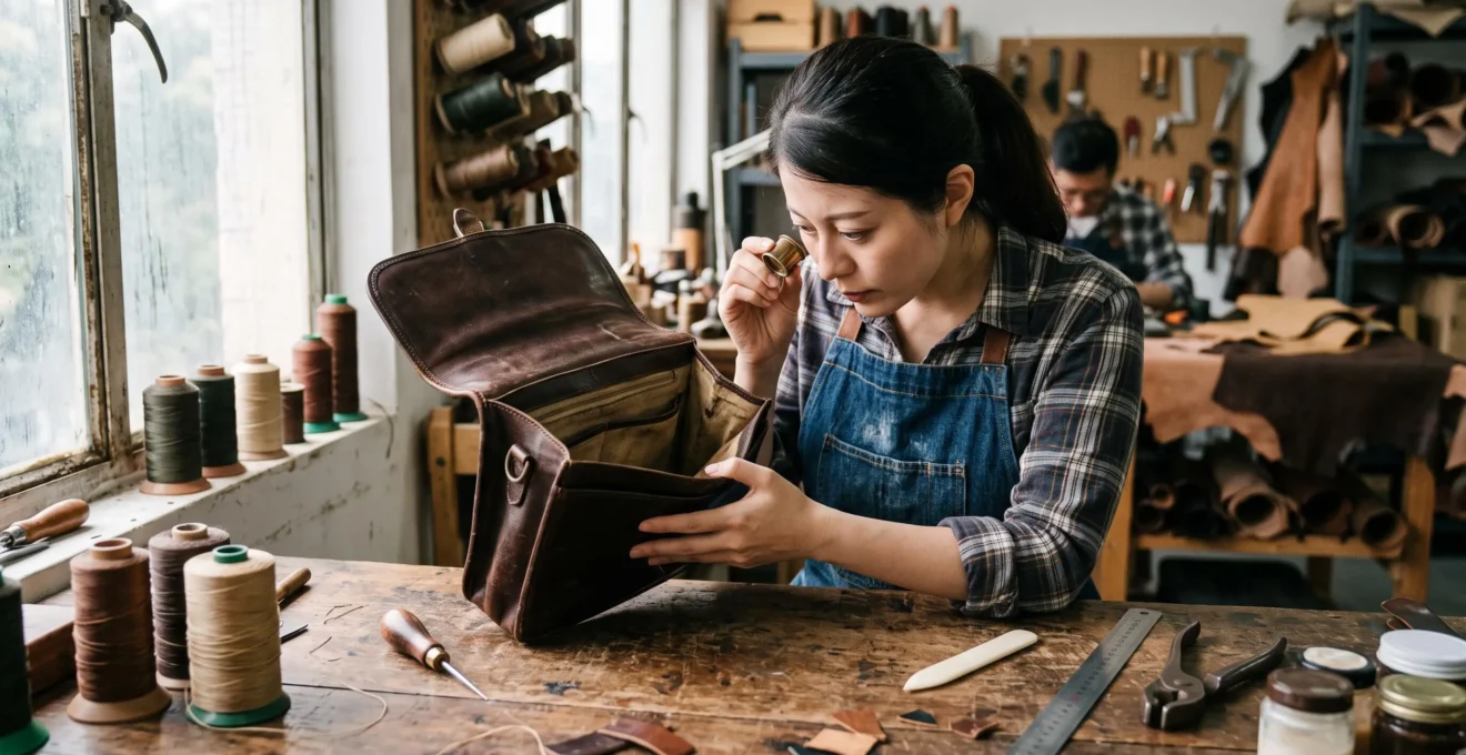 A craftsperson in a workshop examining the interior stitching and lining of an unbranded leather handbag under warm window light.
