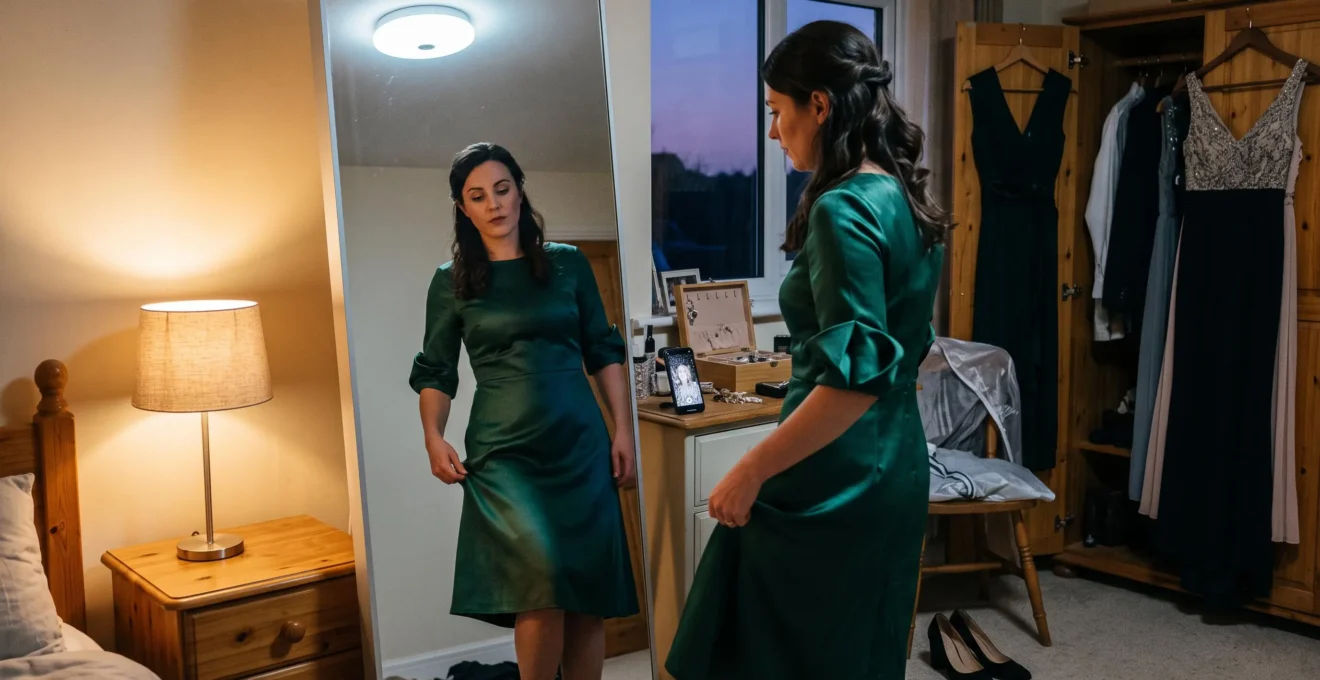 A woman checks how her evening dress reacts to overhead light and warm lamp light in front of a mirror before going out.