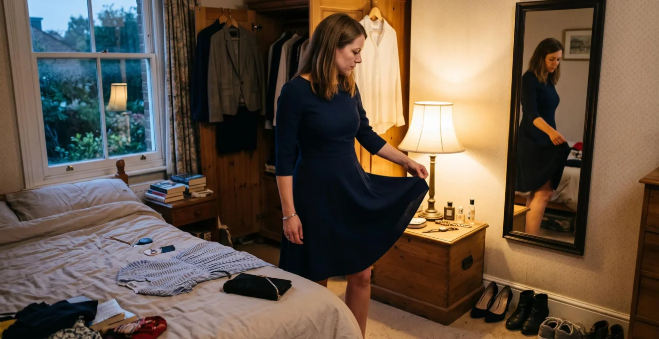 A woman lifts the hem of her knee-length cocktail dress toward a bedside lamp to check the fabric weight before an evening event.