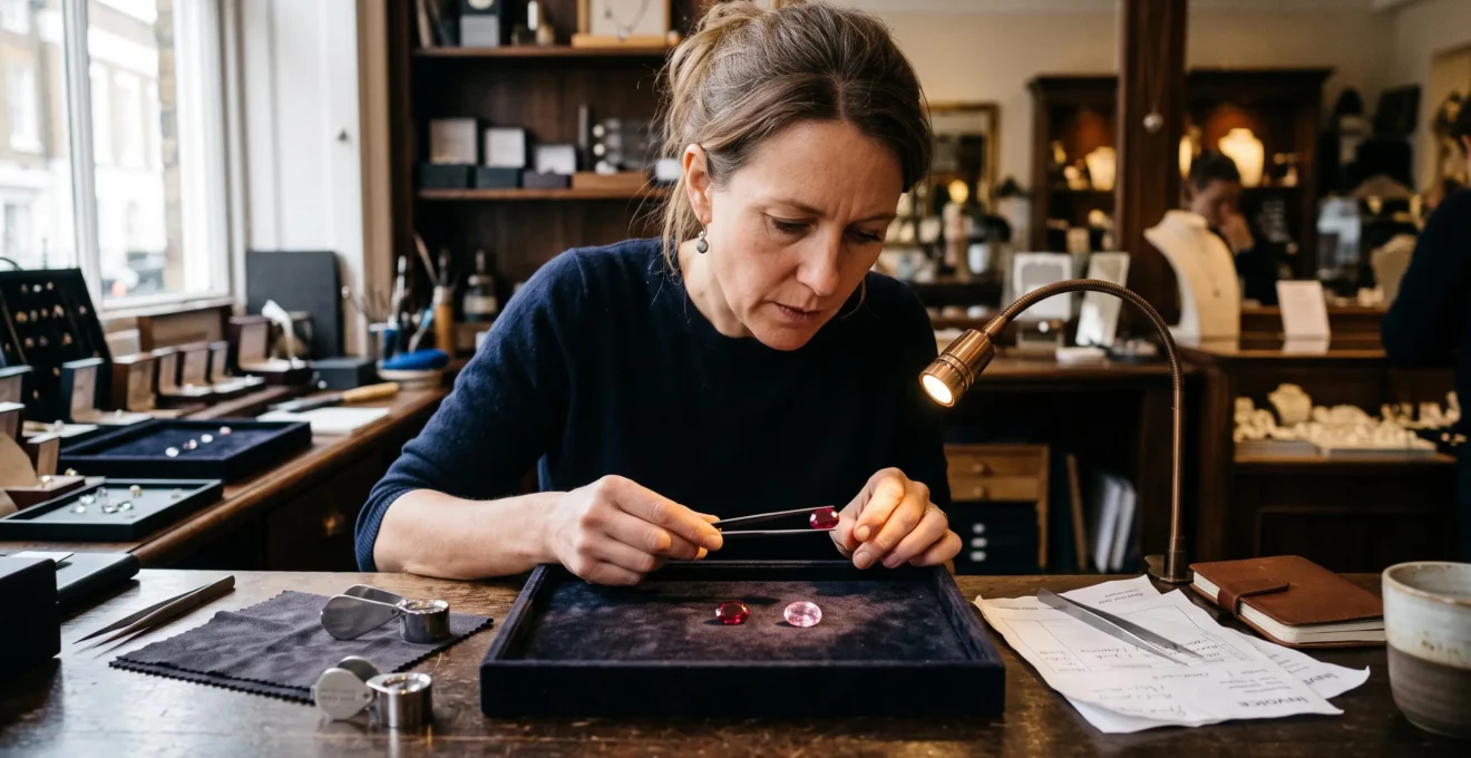 A gemstone specialist compares a deep red stone and a paler stone under a spotlight lamp on a boutique counter.
