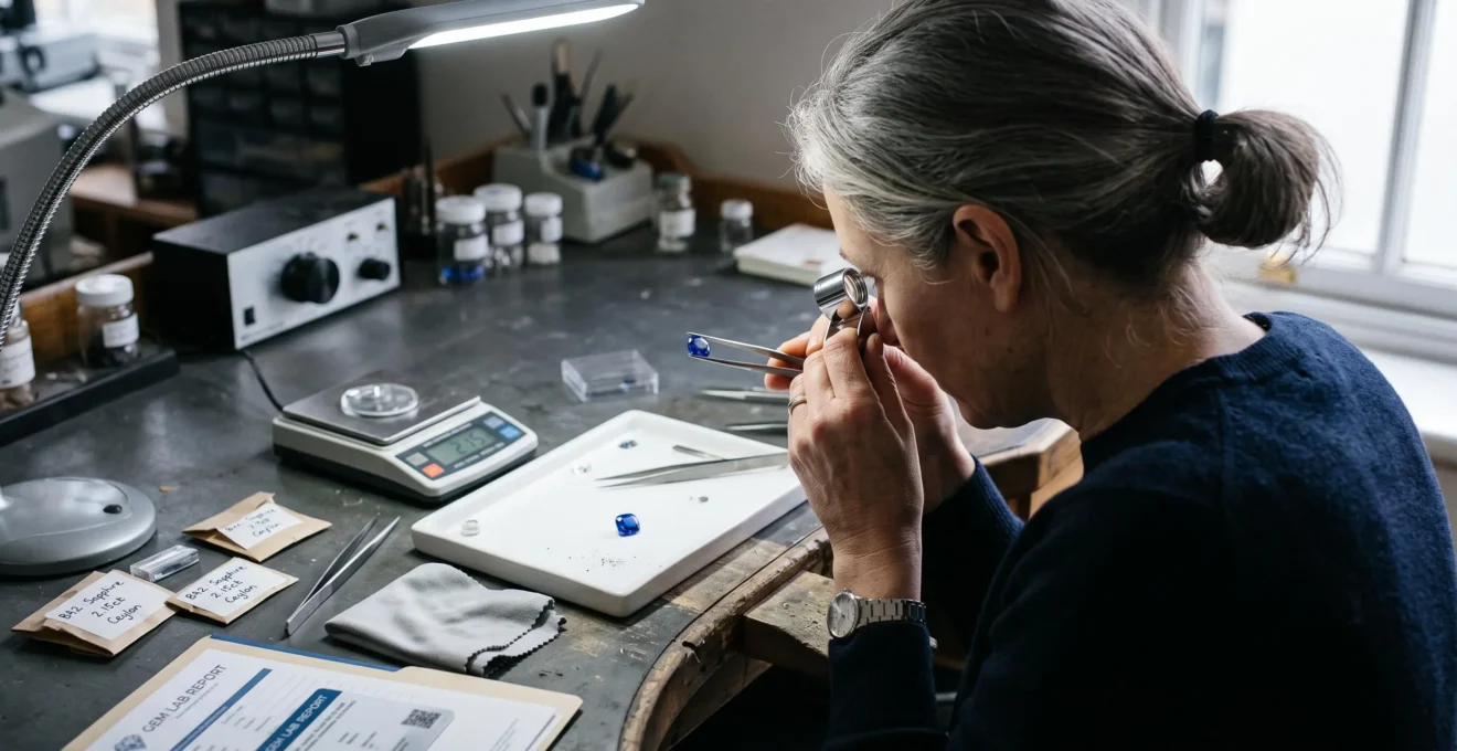 A gemmologist examining a loose blue sapphire with a loupe and tweezers at an evaluation bench with a scale and report folder.