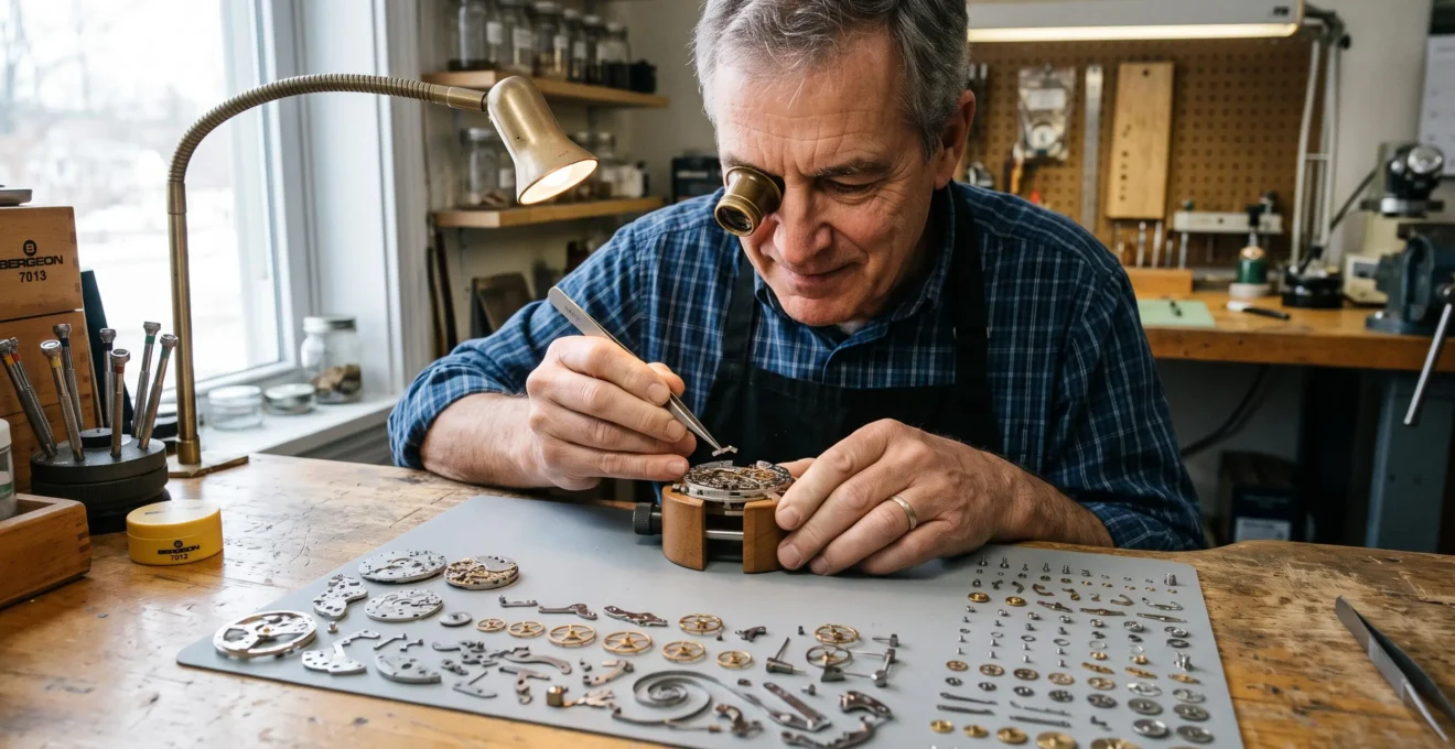 A horologist with a loupe uses tweezers to assemble the disassembled parts of a chronograph movement spread across a watchmaker's bench.