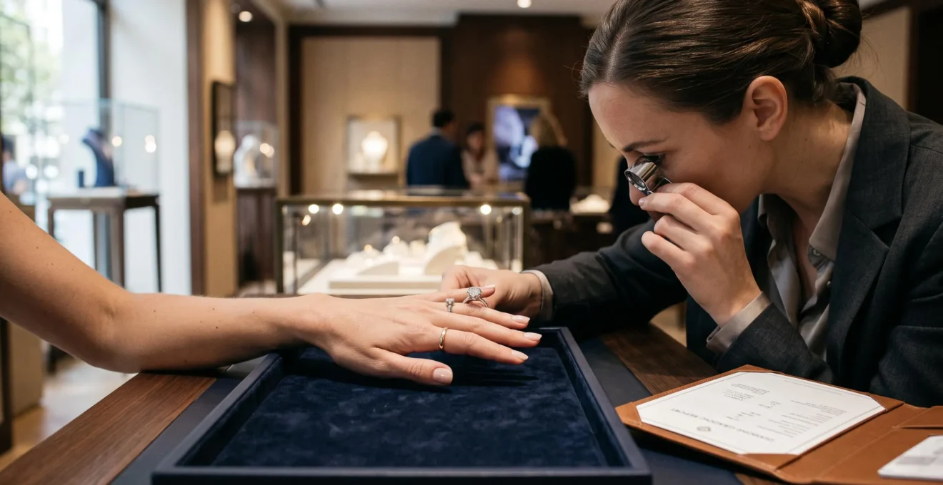 A jeweller examines a diamond ring with a loupe while a client's hand rests on a velvet display tray in a boutique.