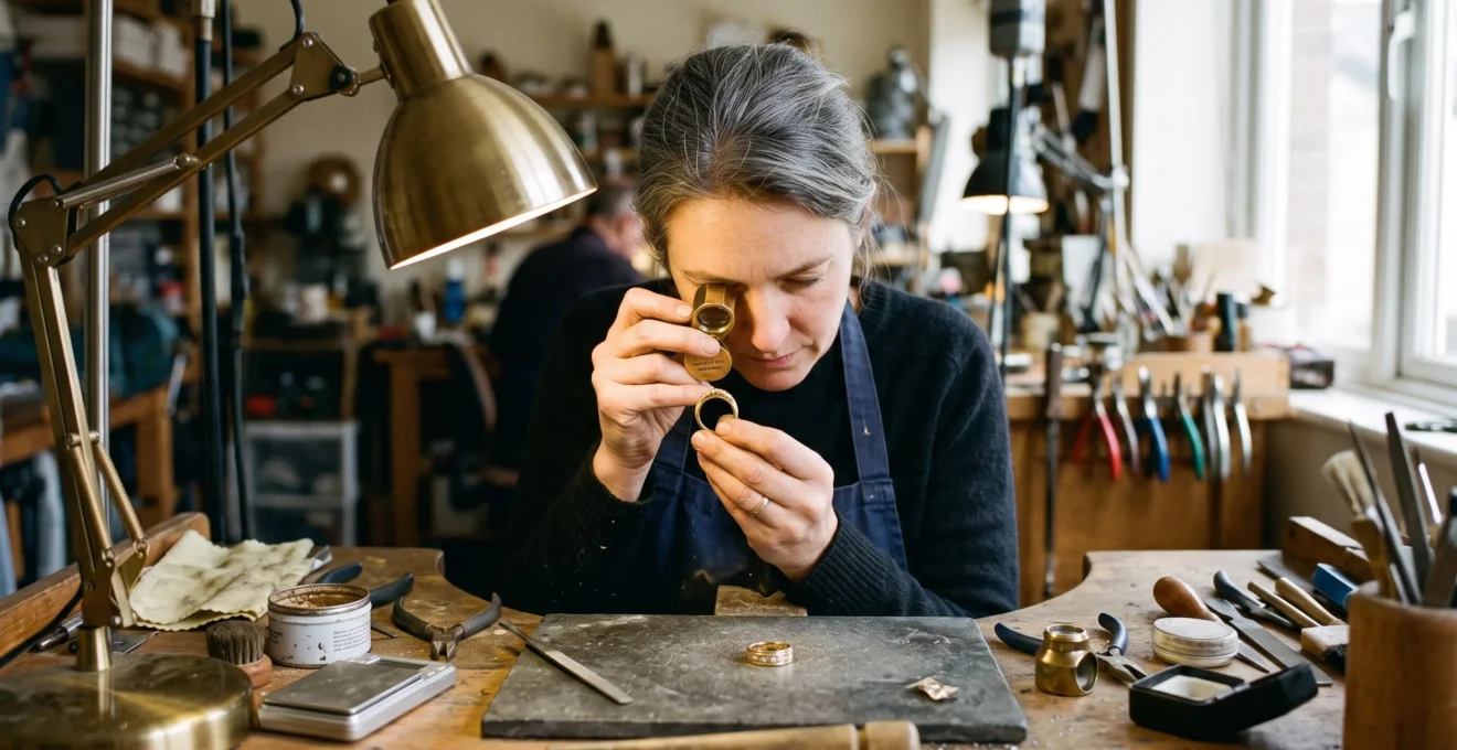 A jeweller examining a gold ring through a loupe on a workshop bench under a desk lamp.