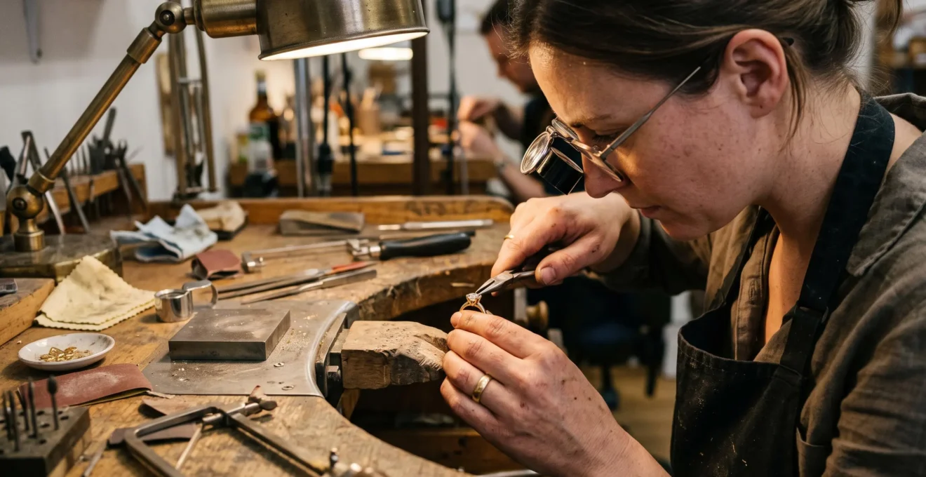 A jeweller using fine pliers to set a gemstone into a metal ring setting at a workshop bench.