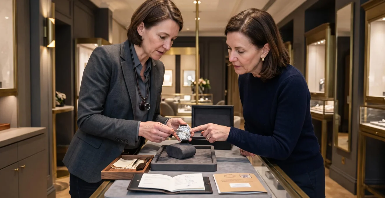 A jeweller showing the caseback of a luxury watch to a customer at a boutique counter, with a warranty booklet and service folder open nearby.