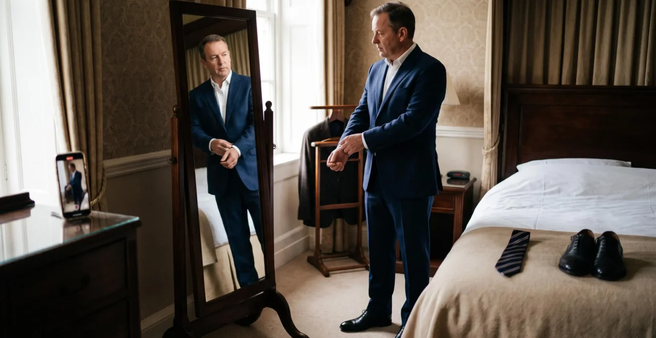 A man in a navy suit checks his sleeve and jacket fit in a full-length mirror, with shoes and a tie laid out nearby before a formal event.