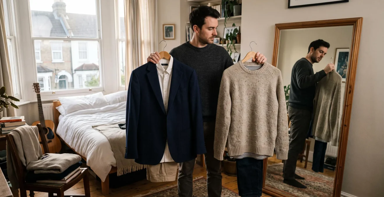 A man compares two different outfits on hangers in front of a mirror in his bedroom in the morning.