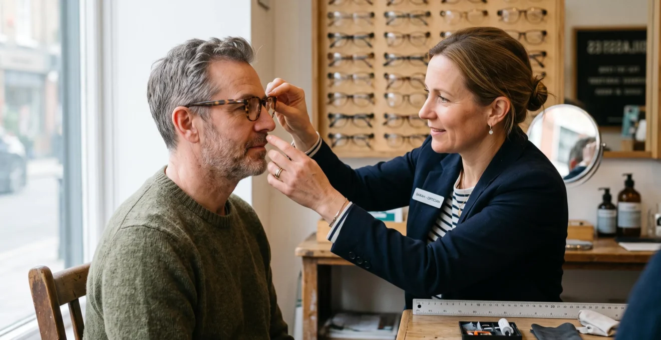 An optician carefully positions a pair of frames on a customer's face during a fitting in an eyewear boutique.