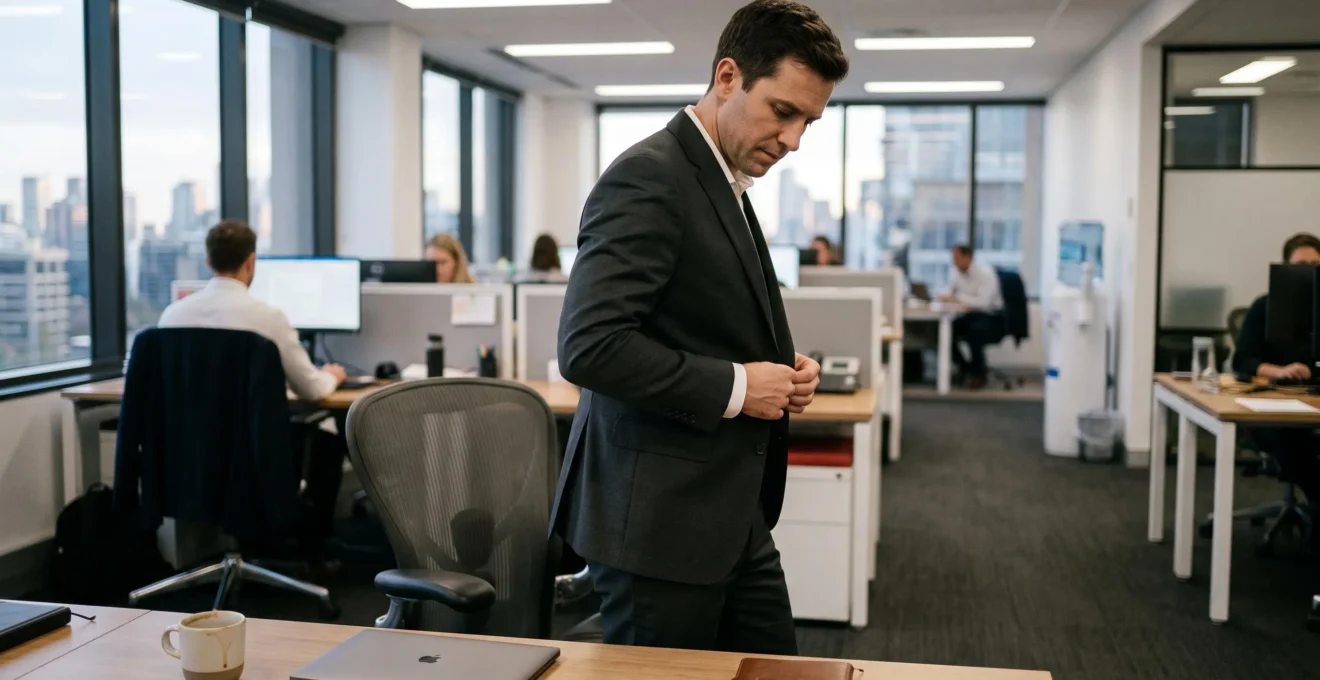 A man in a dark stretch wool suit stands up from his office desk and checks that the trousers have kept their shape after a full day of sitting.