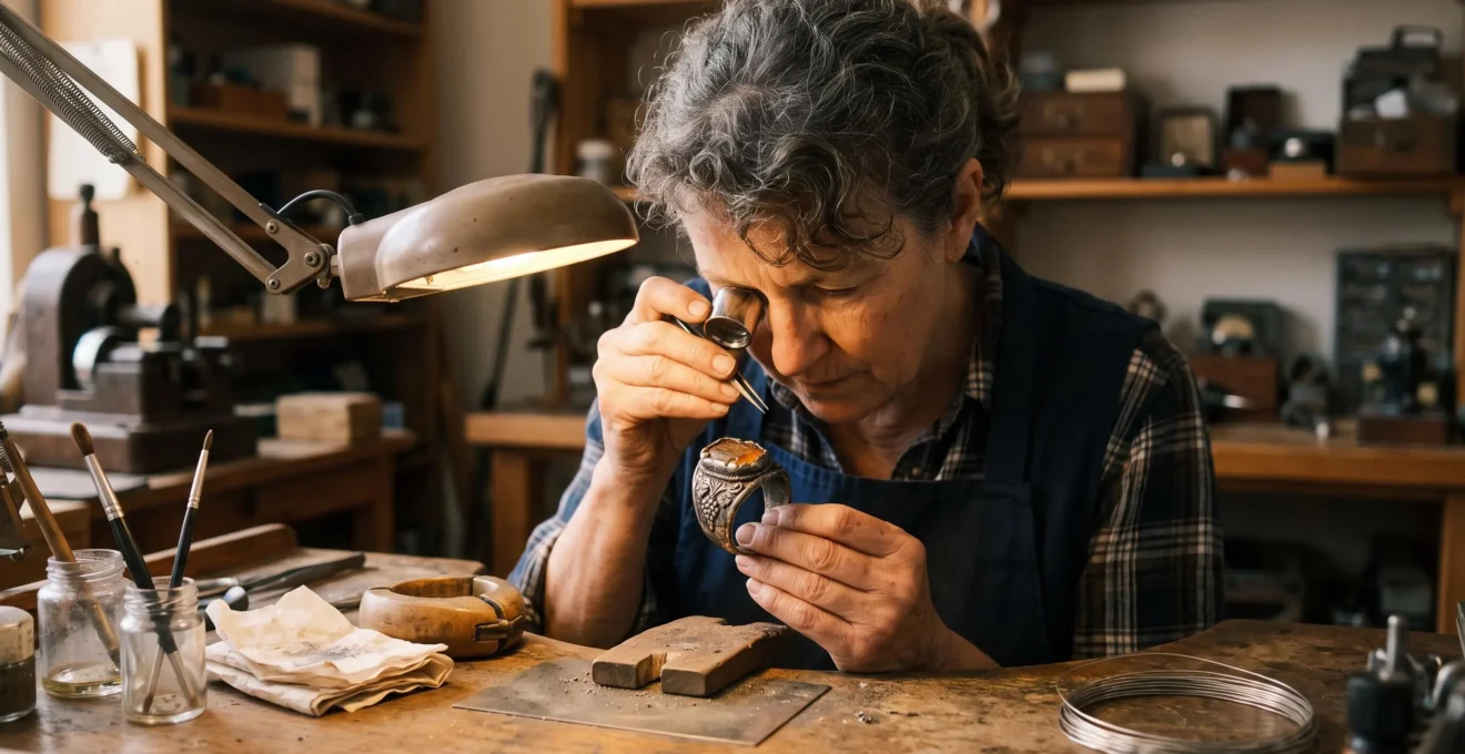 A jewellery restorer examines an antique ring under a low raking light that reveals the aged patina on the metal surface.
