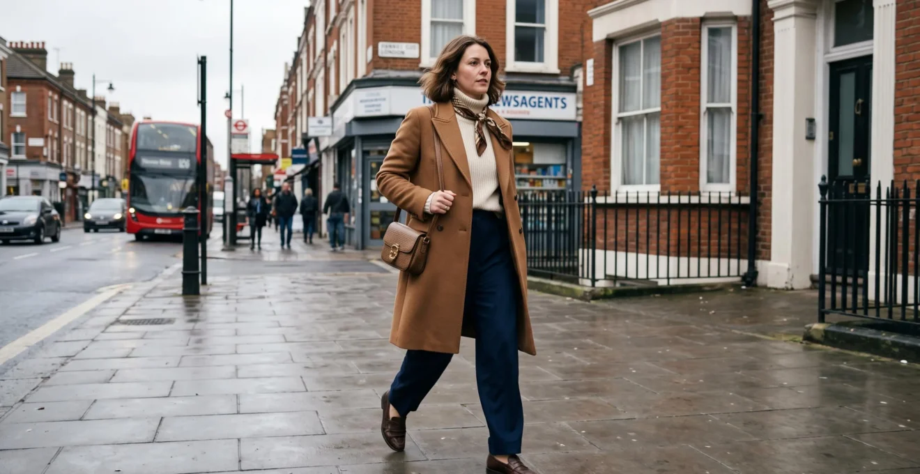 A woman walking down a city street wearing a repeated signature outfit of camel coat, cream knit and loafers on an overcast day.