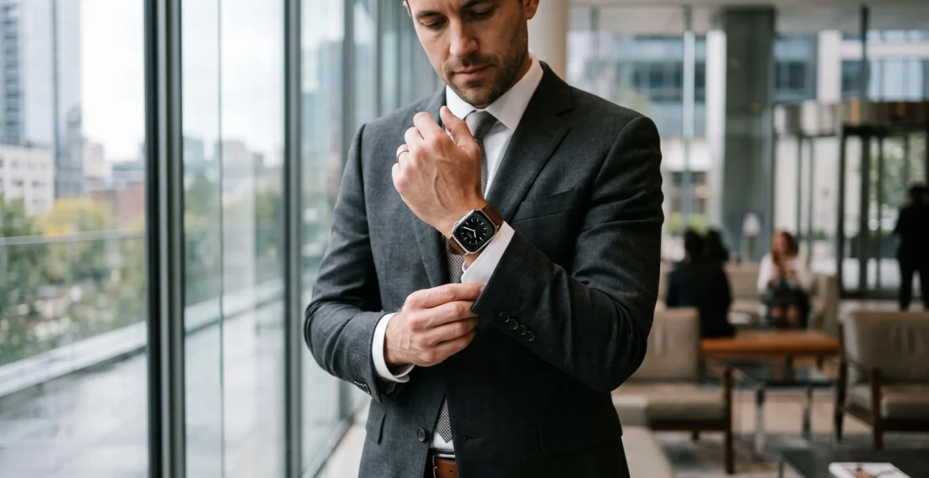 A man in a tailored grey suit adjusts his cuff to reveal a smartwatch with a leather band and minimalist analogue dial beside a window.