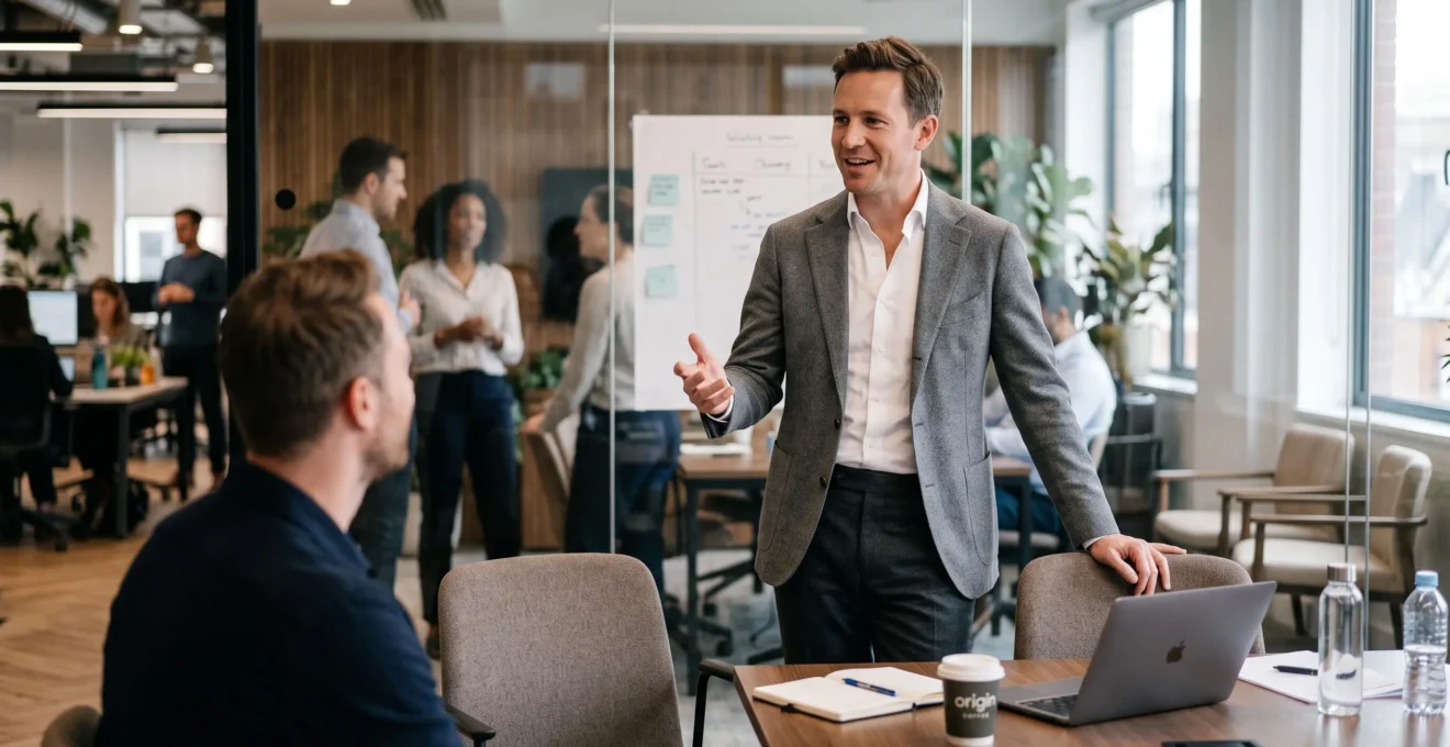 A man in a softly constructed grey blazer leads an informal meeting in a bright modern office, the jacket draping naturally over his shoulders.