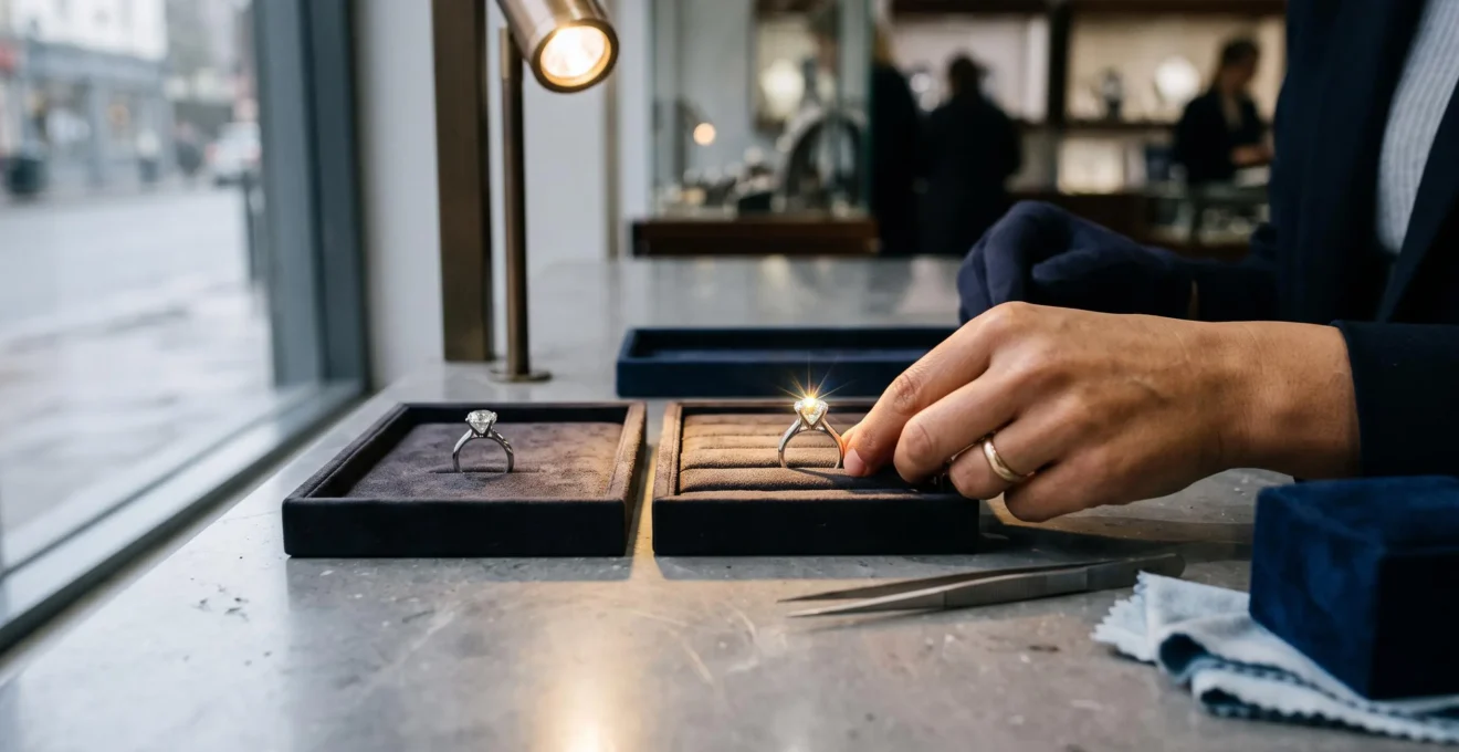 A jeweller's spotlight makes a solitaire diamond ring blaze on a shop counter while an identical ring near the window appears duller in overcast daylight.