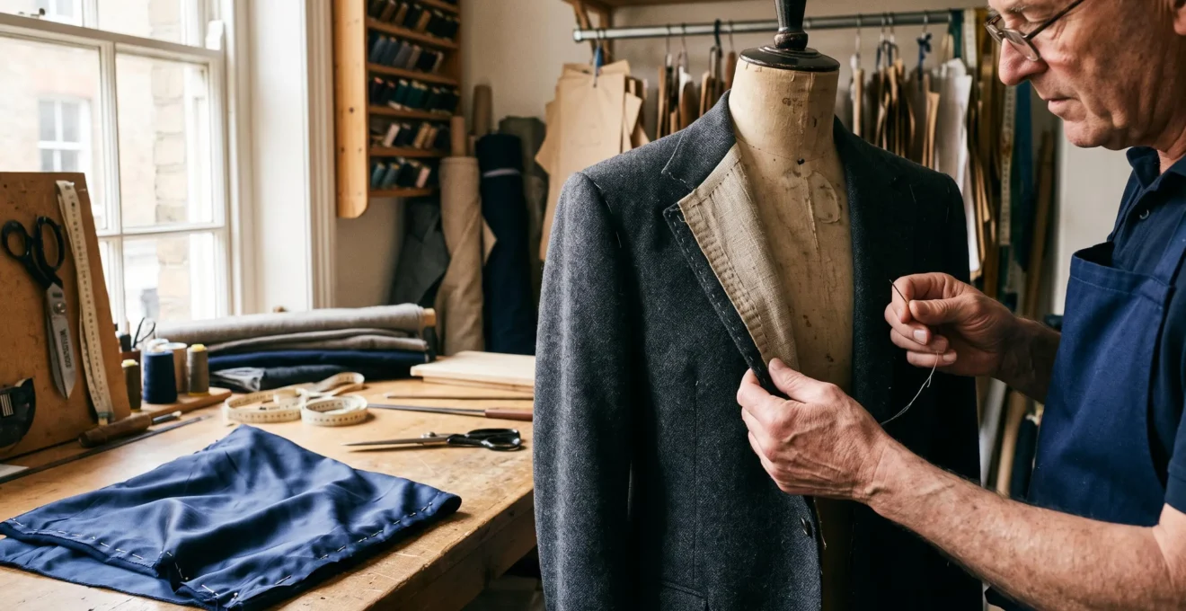 A tailor lifts the hand-padded lapel of a jacket on a dress form in a naturally lit atelier, with a pinned hand-rolled hem on the work table.