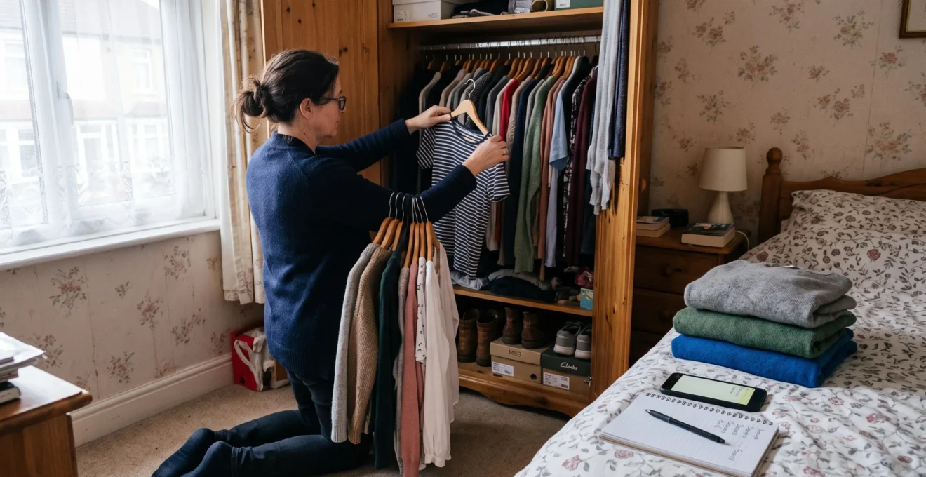 A person kneeling in front of an open wardrobe at home, sorting everyday clothes while keeping notes during a wardrobe audit.