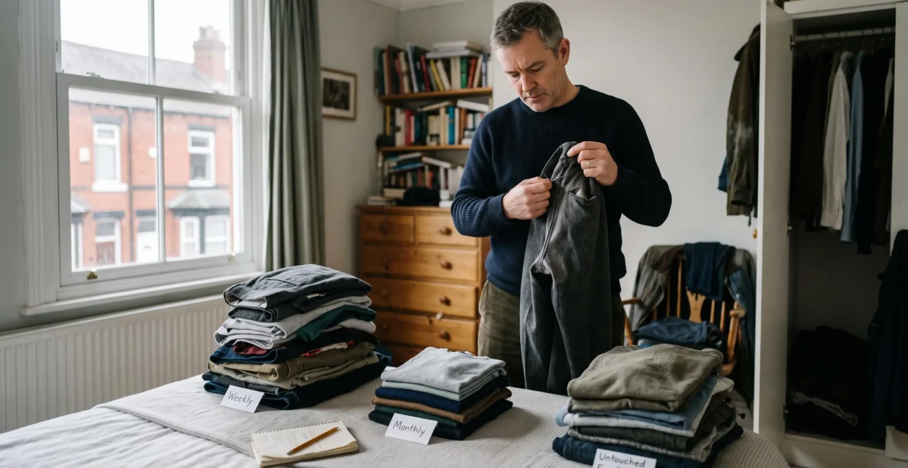 A man inspecting the seat seam of a pair of trousers turned inside out during a wardrobe audit, with sorted piles of clothing on the bed behind him.