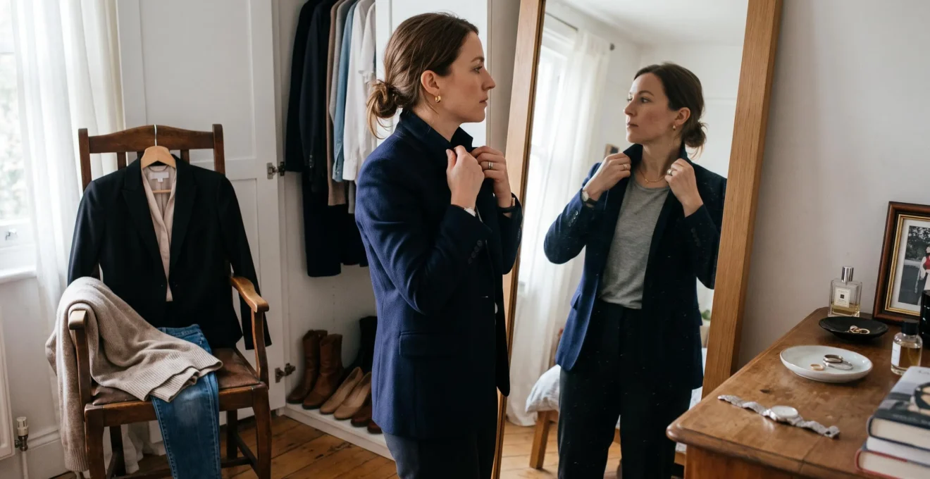 A woman adjusting the collar of a navy blazer while checking her reflection in a full-length mirror before choosing between two outfits