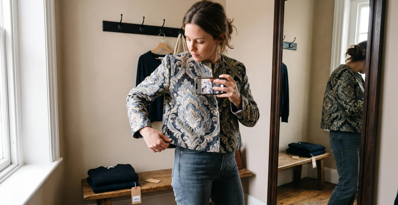 A woman in a fitting room inspects how the jacquard pattern aligns across the side seam of a jacket while photographing it against her body.