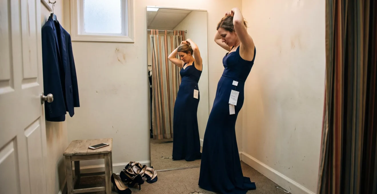 A woman in a fitting room raises her arms in a long evening gown while checking the bodice fit in a full-length mirror.