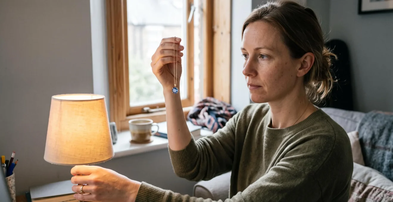 A woman holds a gold sapphire pendant up to daylight near a window at home to check how the blue colour reads indoors.