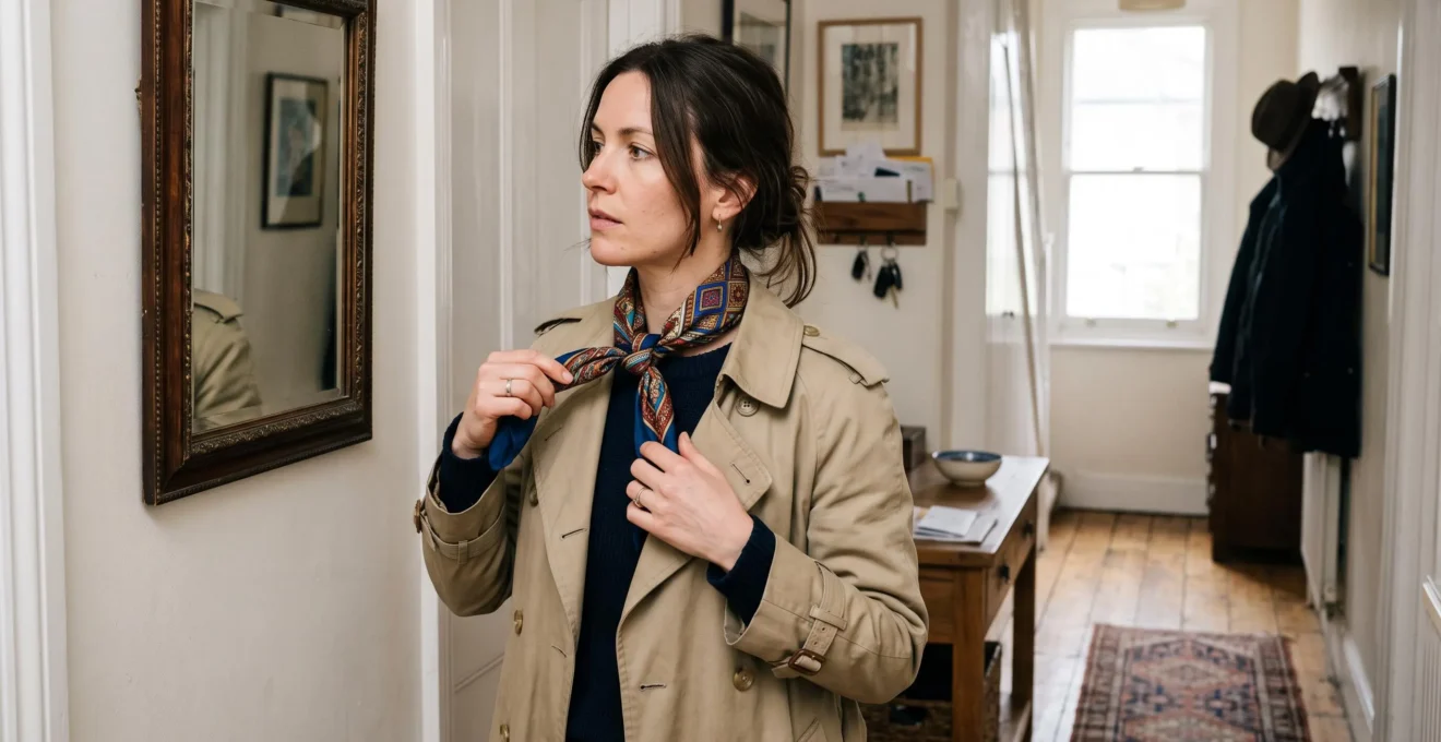 A woman ties a silk scarf under her trench coat collar in front of a hallway mirror.