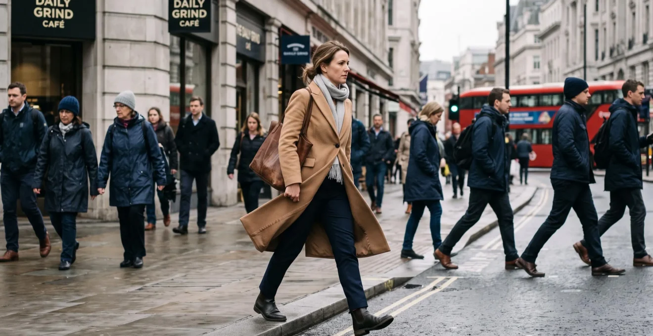 A woman in a tailored coat and trousers walks through a busy commuter street, the fabric moving naturally with her stride.